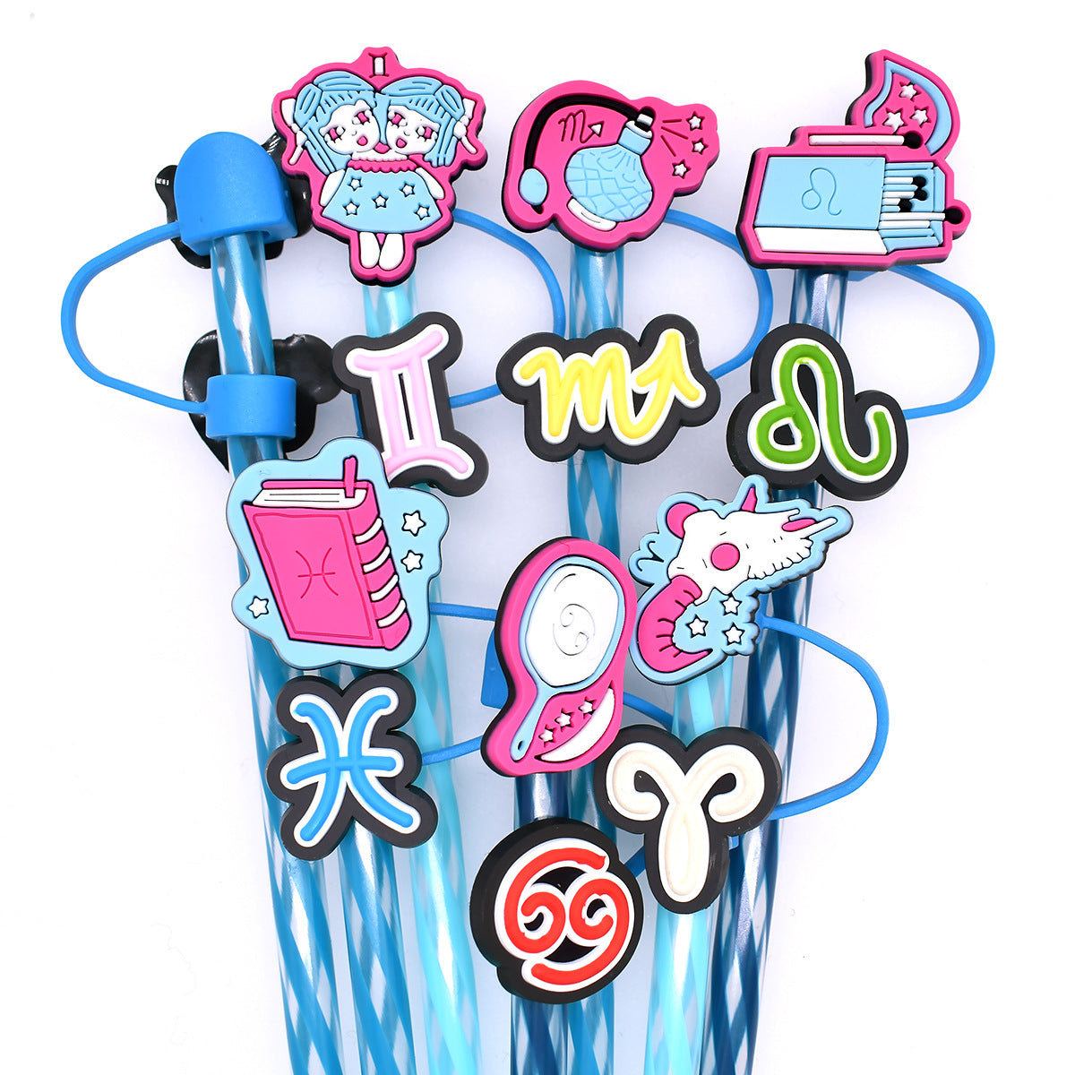 Wholesale Random Color 100pcs Twelve Constellations Straw Tube Cap 10mm Soft Glue Straw Decoration Straw Cover ACC-SCR-RYY029