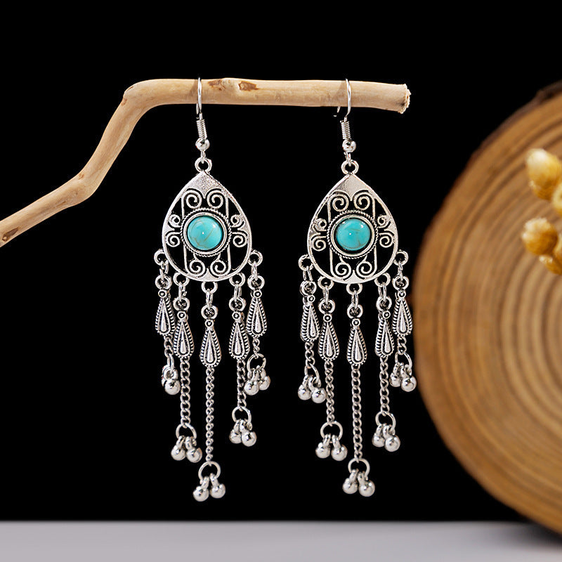 Wholesale Retro Ethnic Style Blue Turquoise Hollow Ring Flower Tassel Earrings Jewelry Accessory