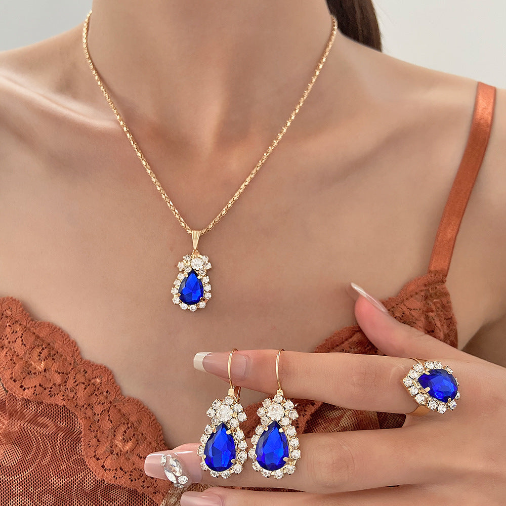 Wholesale Colorful rhinestone necklace earrings and ring set