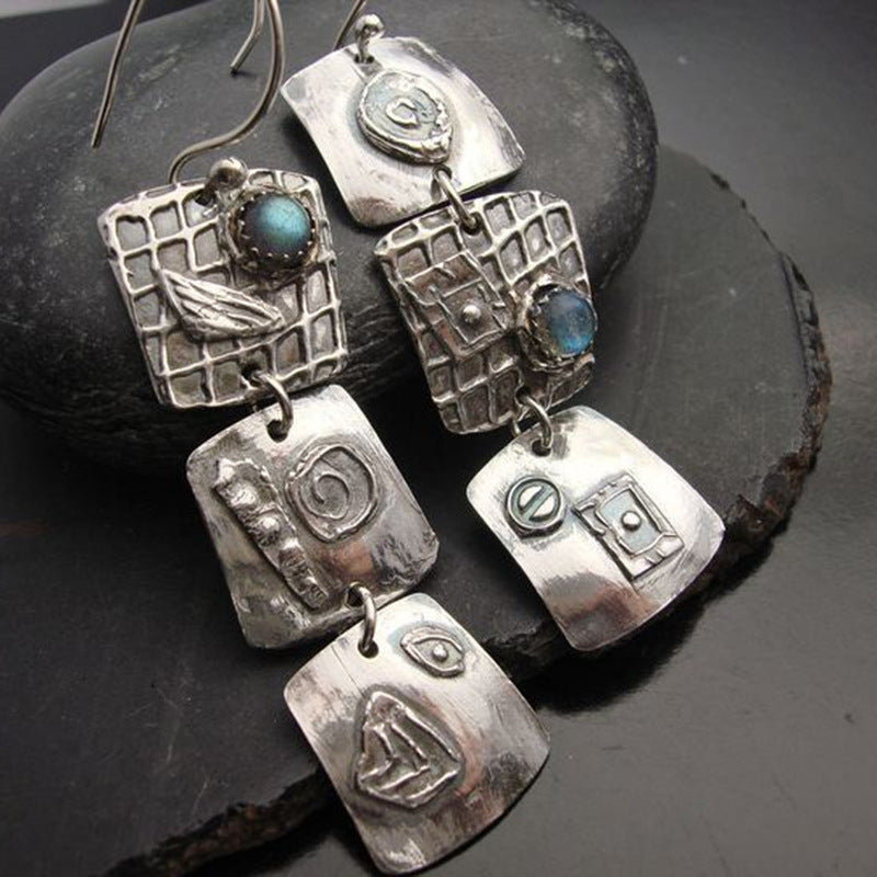Wholesale  tribal geometric carved square metal earrings