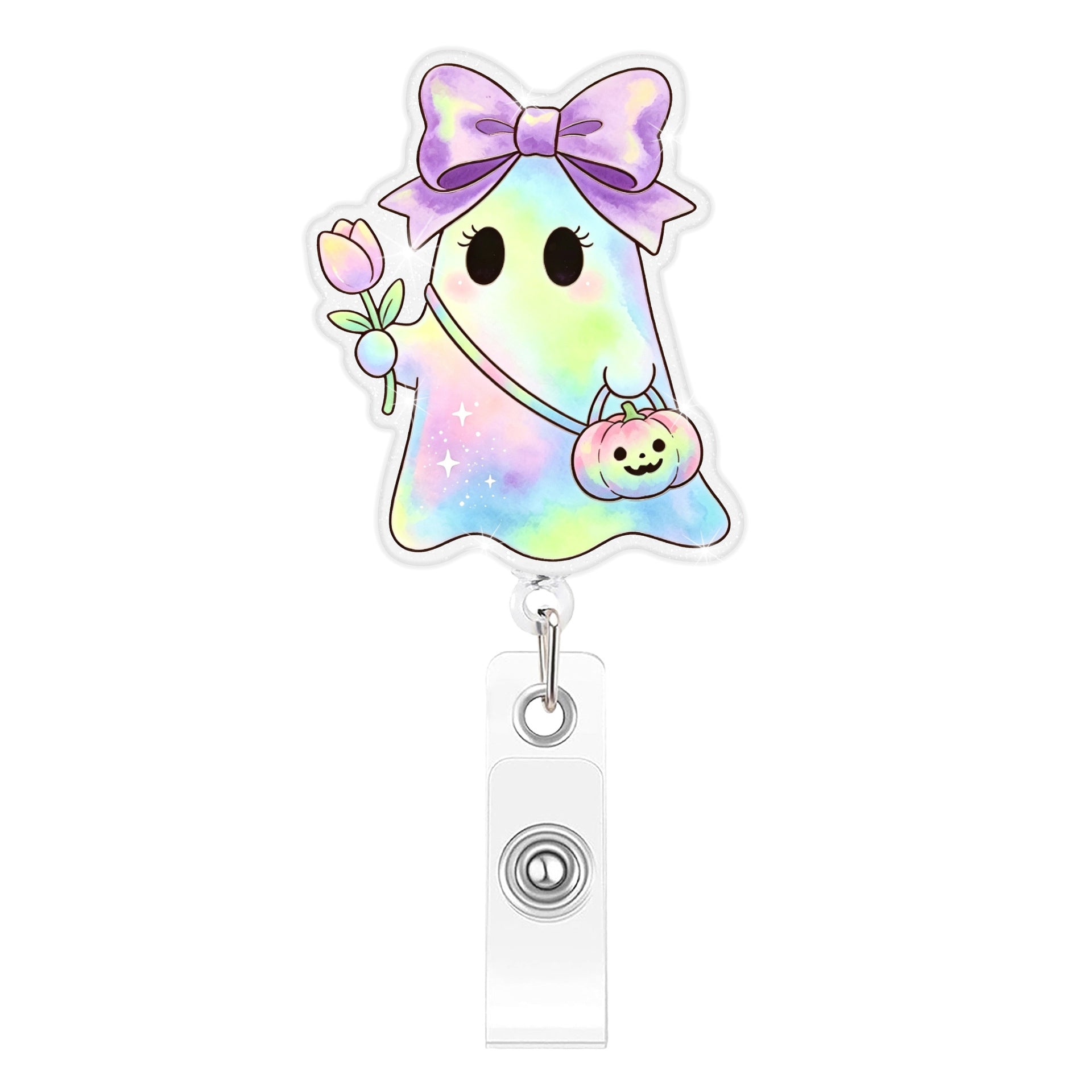 Wholesale Trendy Glitter Boo Ghost Retractable Badge Reel Plastic Car Key Accessory With Gradient Finish Decorative Party Gift