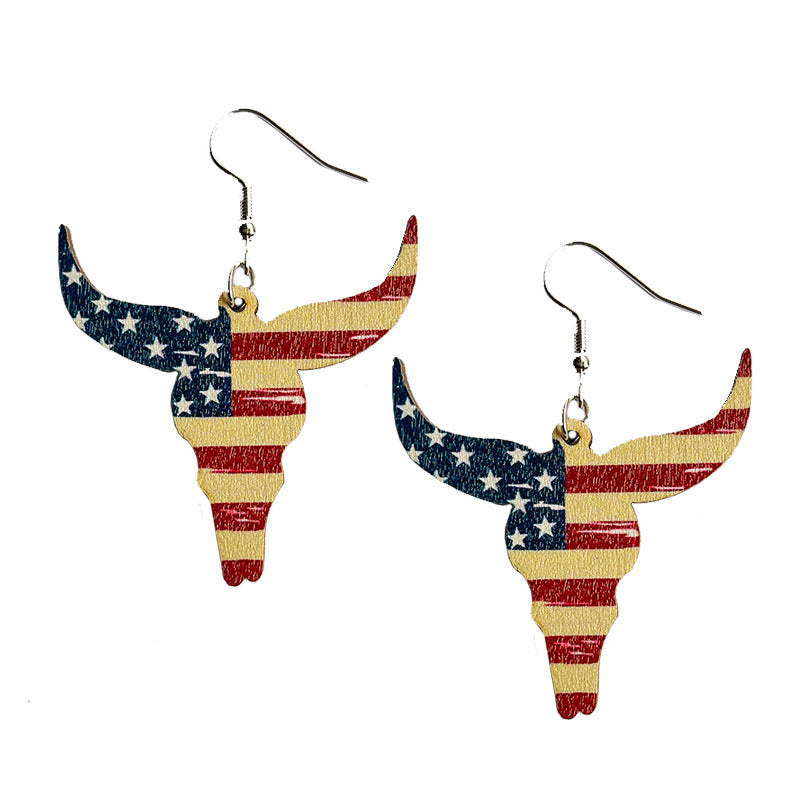 Wholesale 2 Pairs/Pack American Independence Day Western Style Cowboy Boots Cow Head Sunflower Wood Earrings ACC-ES-HY103