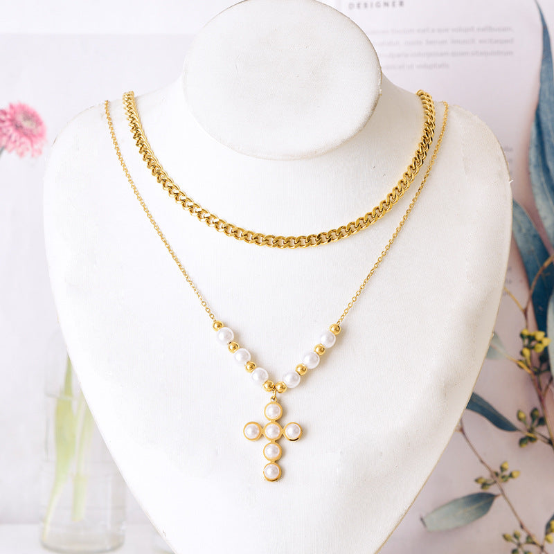 Wholesale Titanium steel color protection double-layer Pearl Heart cross necklace