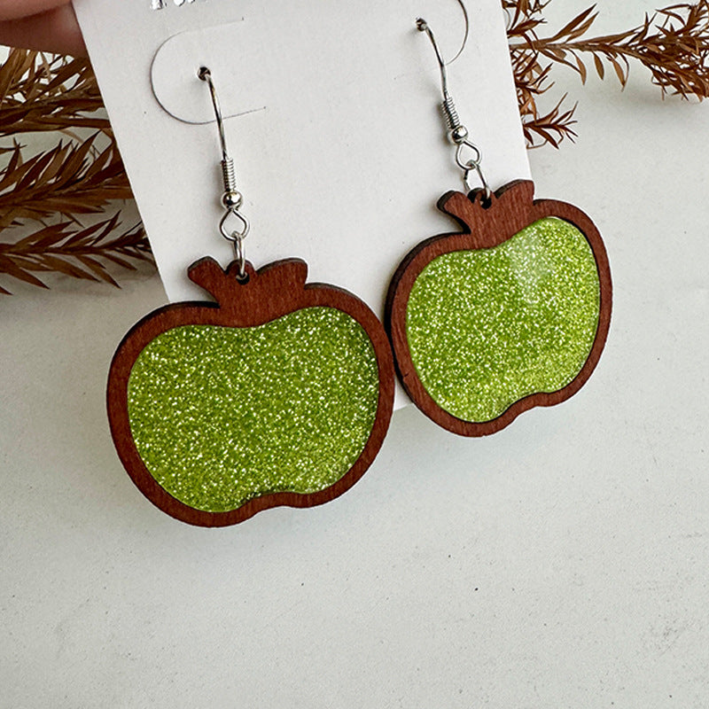 Wholesale Wood Frame Inlaid Acrylic Glitter Apple Earrings ACC-ES-XinChuan054
