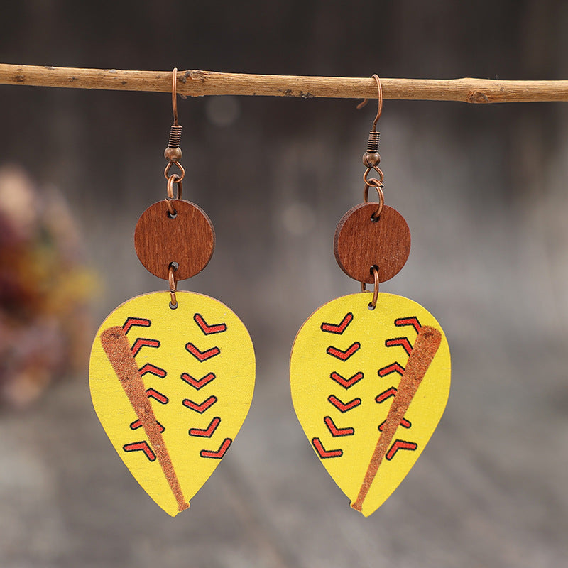 Wholesale Sports style teardrop-shaped printed baseball stitching wooden earrings