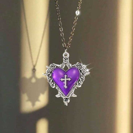 Wholesale Gothic Cross Heart Pendant Necklace Purple Metal Jewelry Accessory Gift