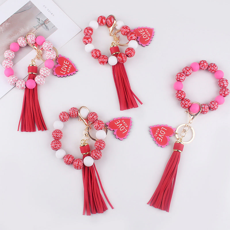 Wholesale Leather PU Tassel Valentine's Day Wooden Beaded Bracelet Keychain