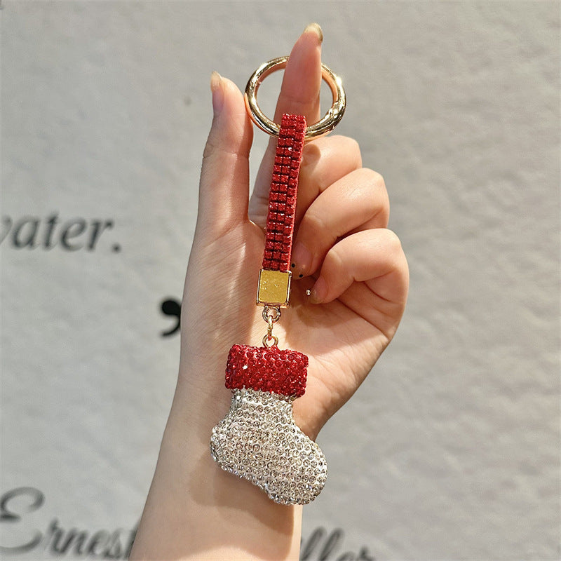 Wholesale diamond-encrusted Christmas keychain,  cartoon Christmas tree metal keychain