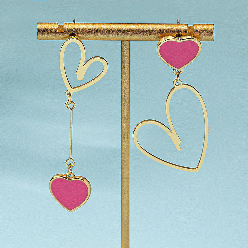 Wholesale Trendy Asymmetric Pink Heart Drop Earrings Alloy Electroplated Jewelry Accessory