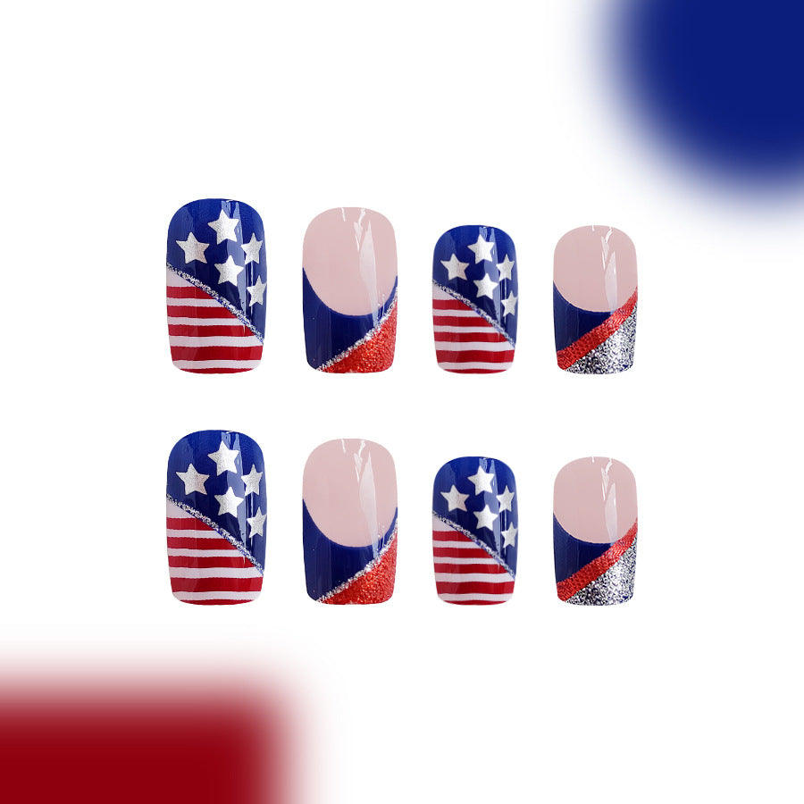 Wholesale 24 Pieces/box American Independence Day Short Glitter Striped Manicure Press-on Nails Kits Nail Stickers ACC-NS-GuaiXL014