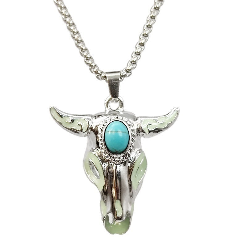 Wholesale Retro Punk Turquoise Titanium Steel Skull Bull Head Stainless Steel Pendant Necklaces ACC-NE-BYJY001