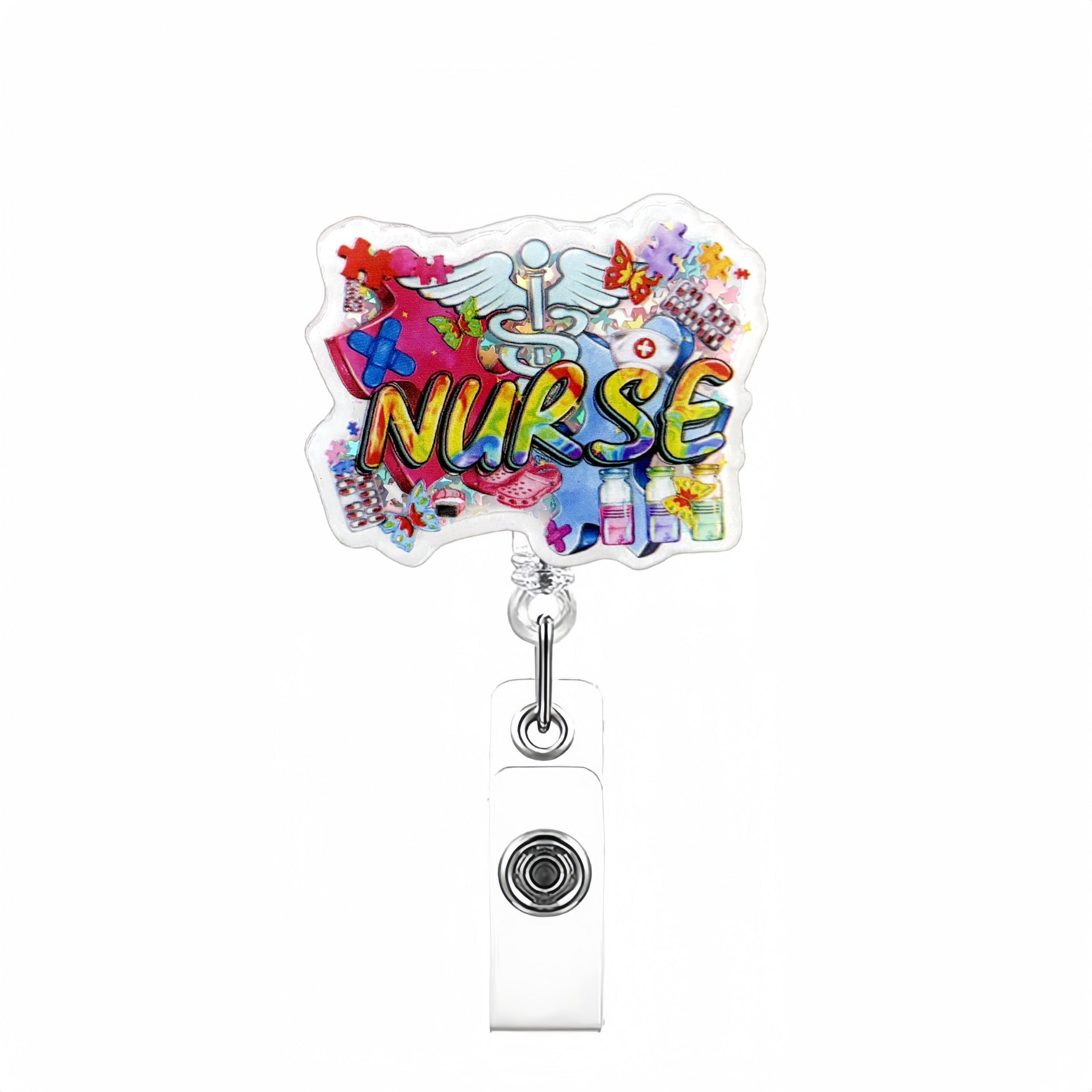 Wholesale Acrylic Quicksand Glitter Badge Reels Keychains