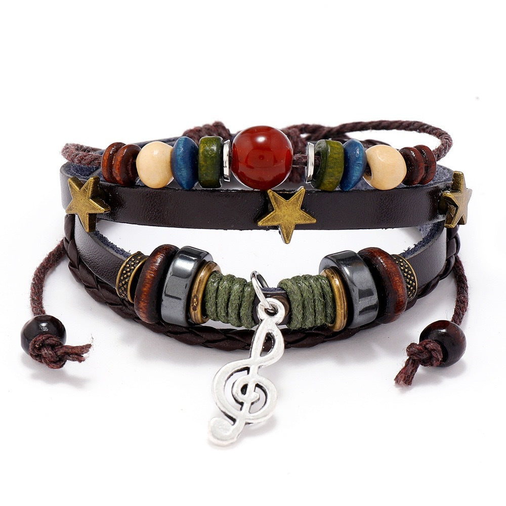 Wholesale Folk Style Woven Leather Bracelet with Beaded Charms,  Unisex Adjustable Jewelry Accessory