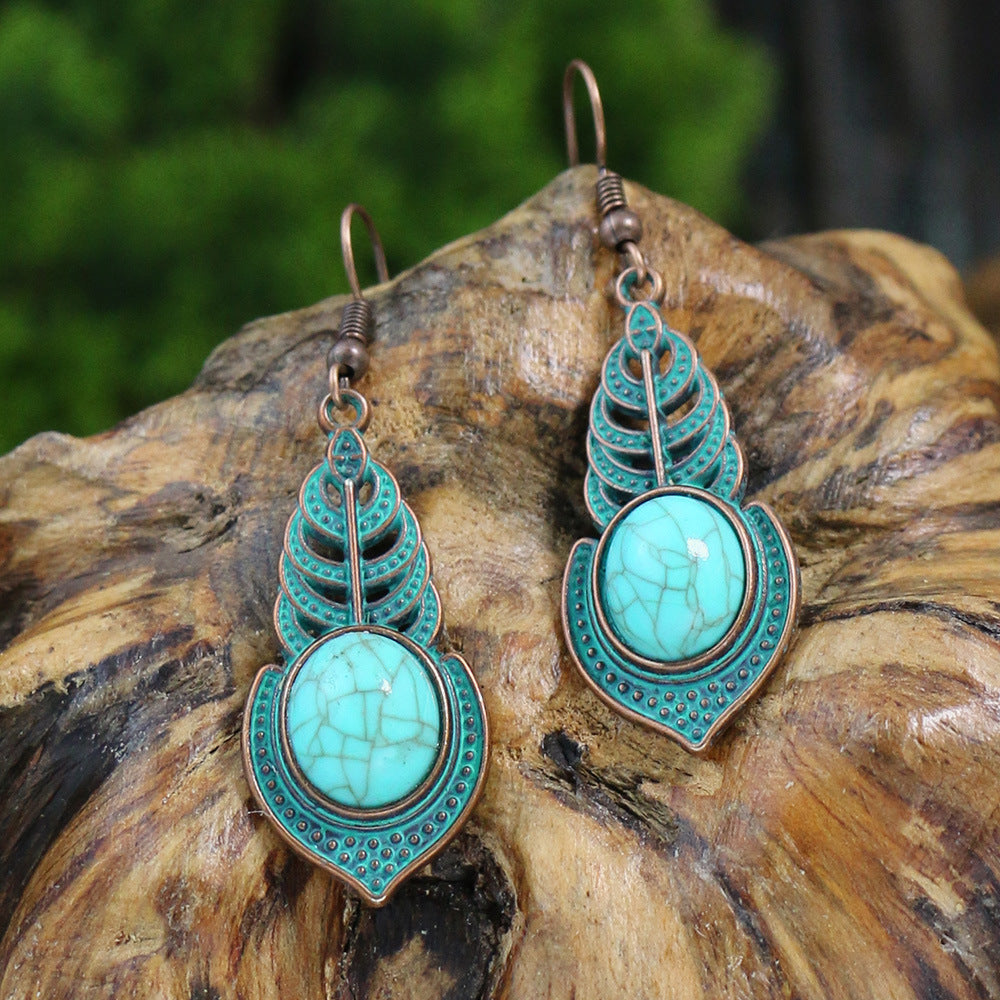 Wholesale Retro Ethnic Style Double Layer Turquoise Stud Earrings Tassel Earrings ACC-ES-MoMo008