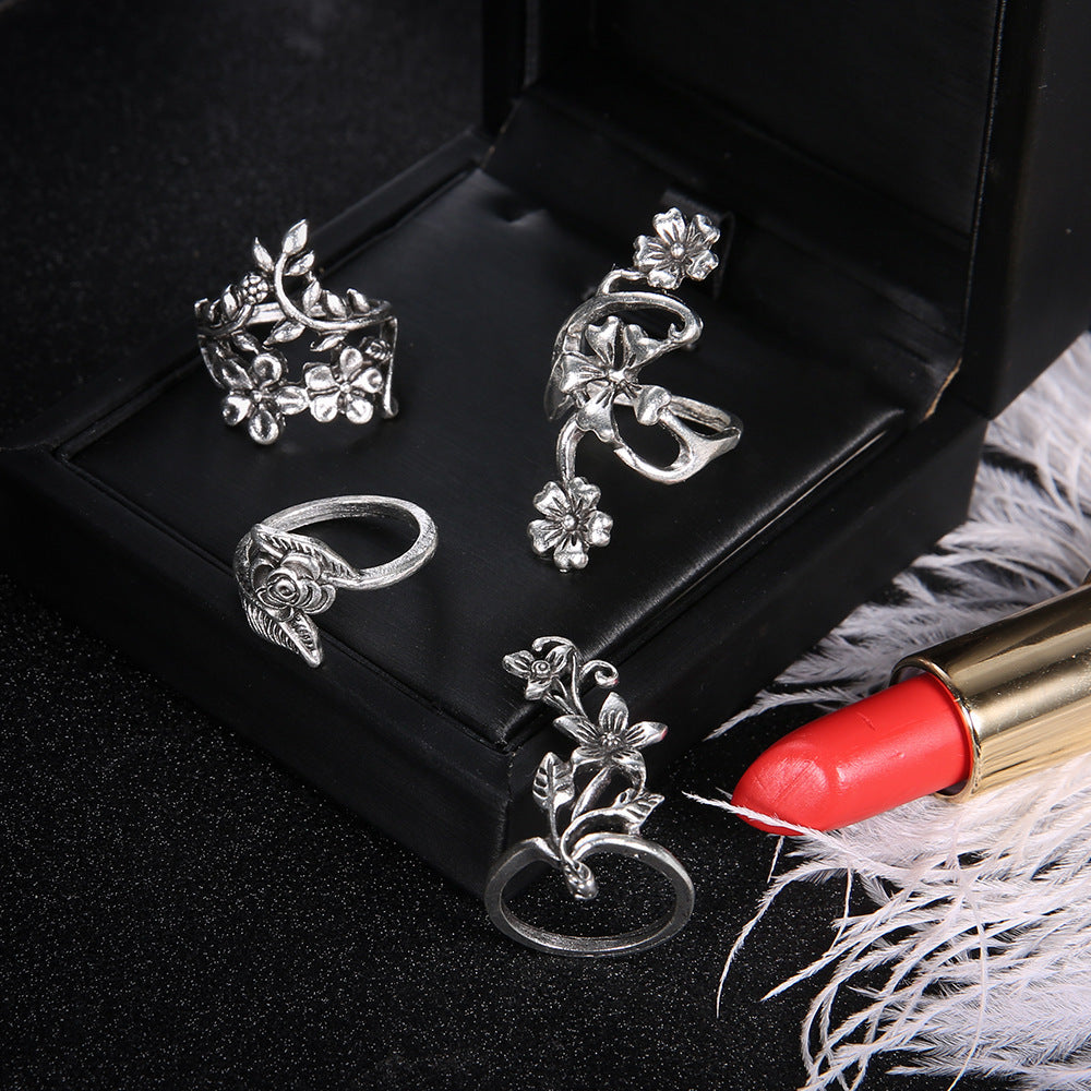 Wholesale Zinc Alloy Vintage Floral Vine Ring Set Ancient Silver Butterfly Design Everyday Fashion Jewelry Accessory