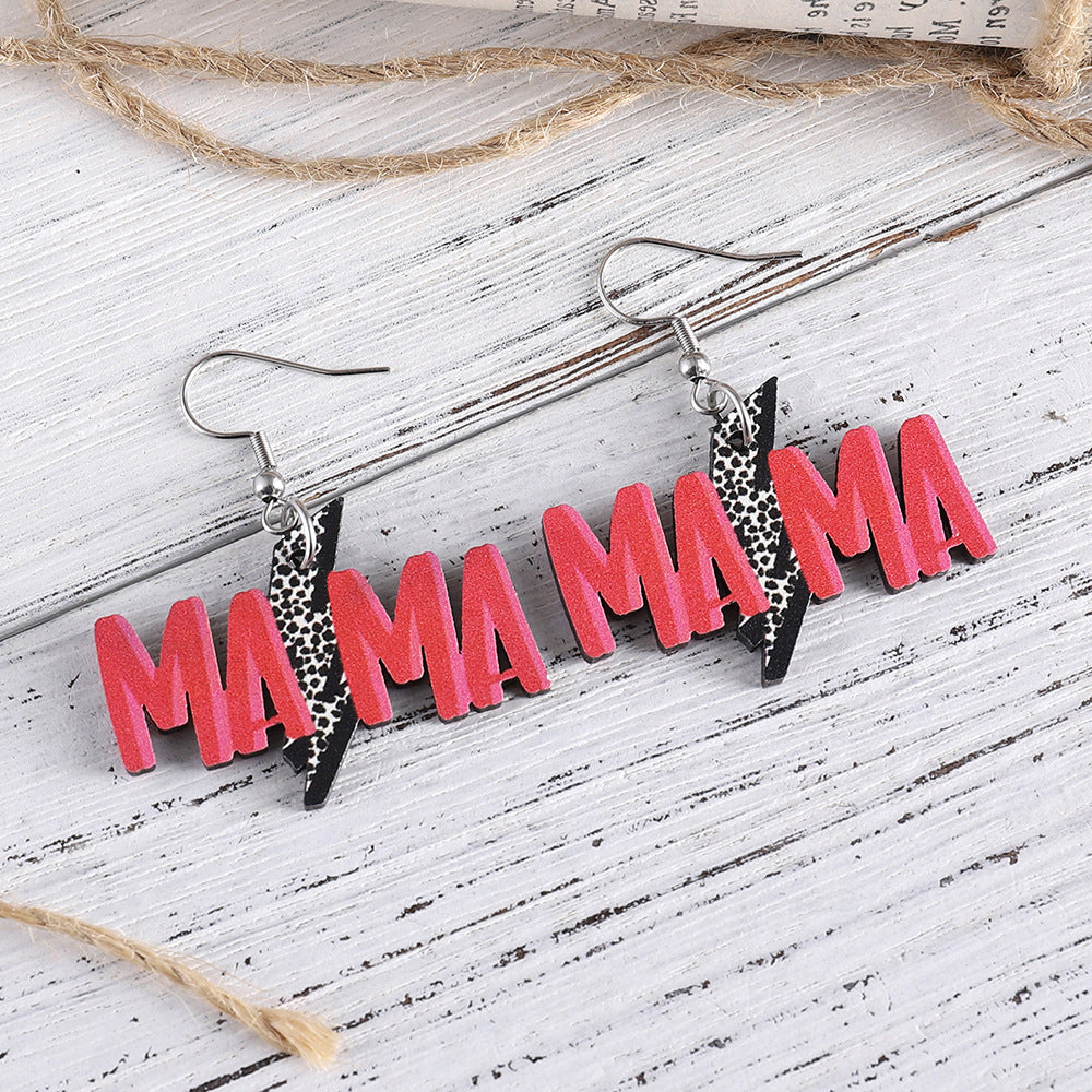 Wholesale Mother' s Day Western Style MAMA Leopard Dairy Lightning Pendant Wooden Double-sided Earrings