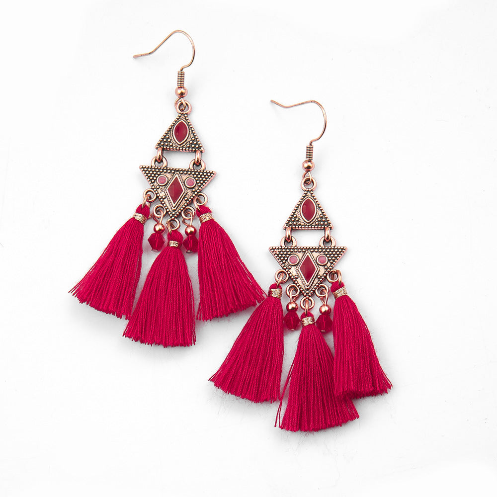 Wholesale Chinese Style Red Tassel Earrings Retro Medieval Festive Jewelry Accessory