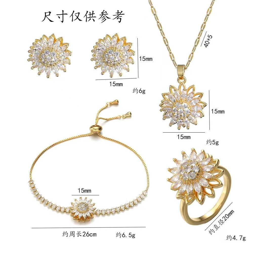 Wholesale Necklace  Diamond-encrusted Sunflower  Ring Rotatable Clavicle Chain Jewelry