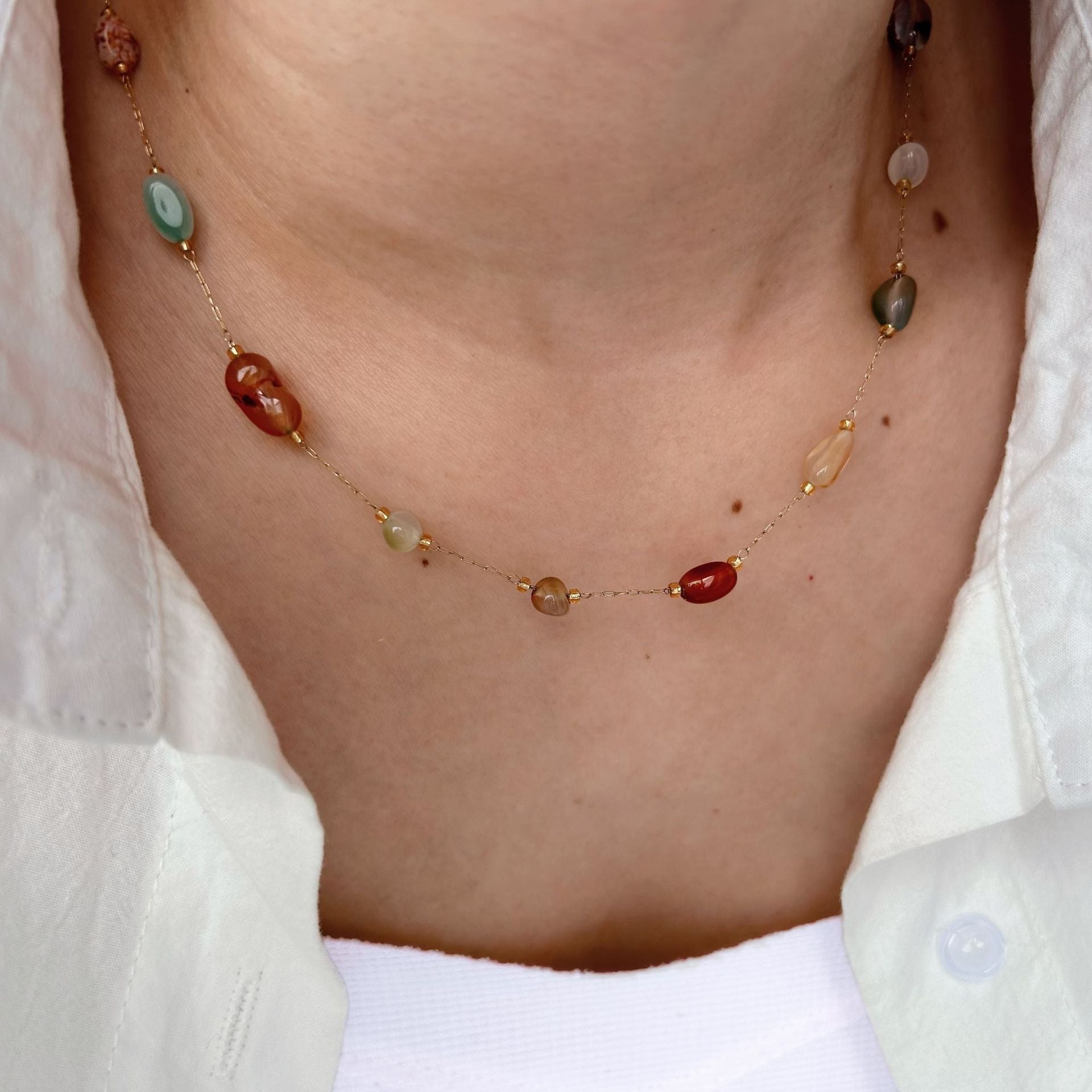 Wholesale  Stainless Steel Powder Diamond Love  Necklace Natural Stone Beaded Jewelry