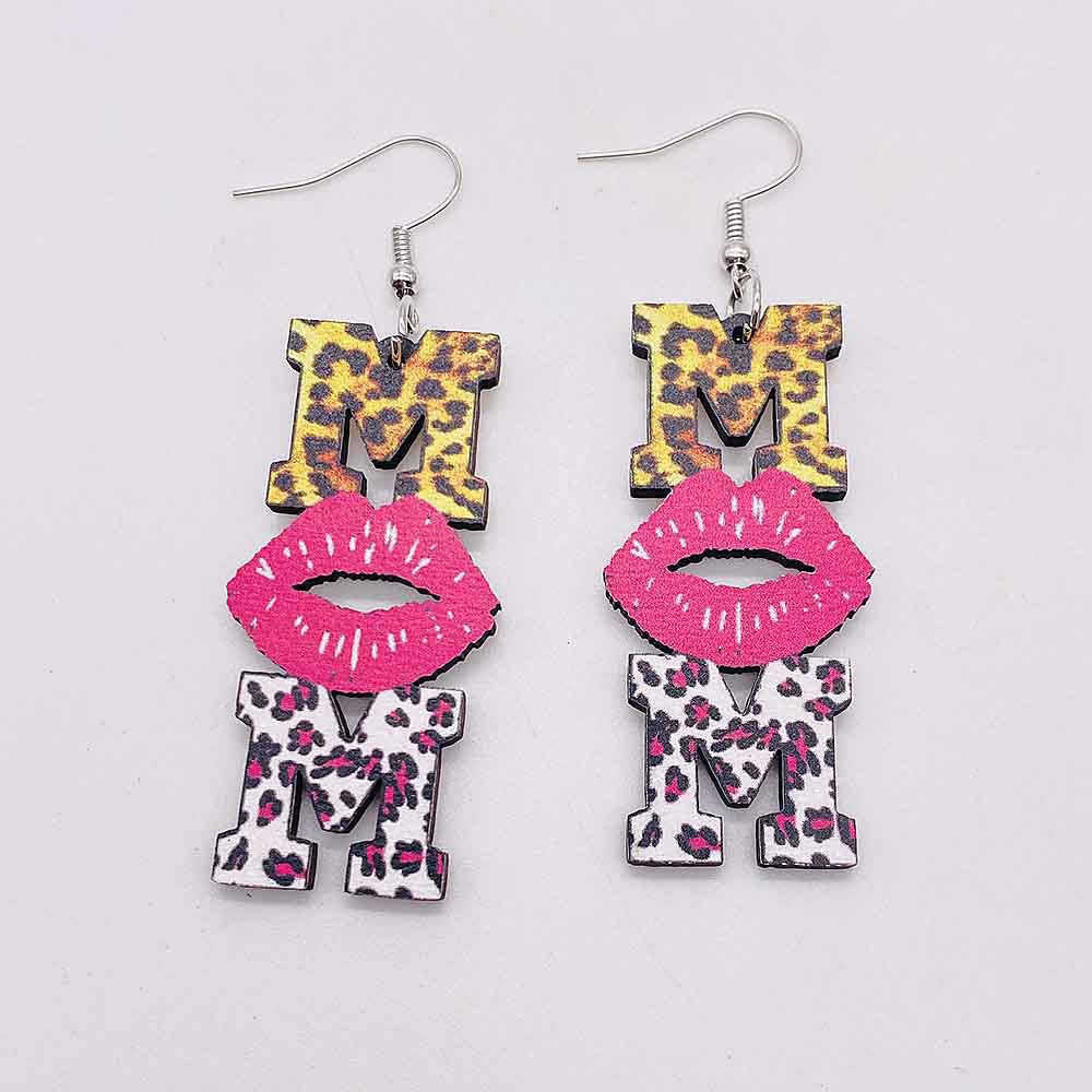 Wholesale Mother's Day MOM wooden earrings leopard print pink lips printed pendant earrings