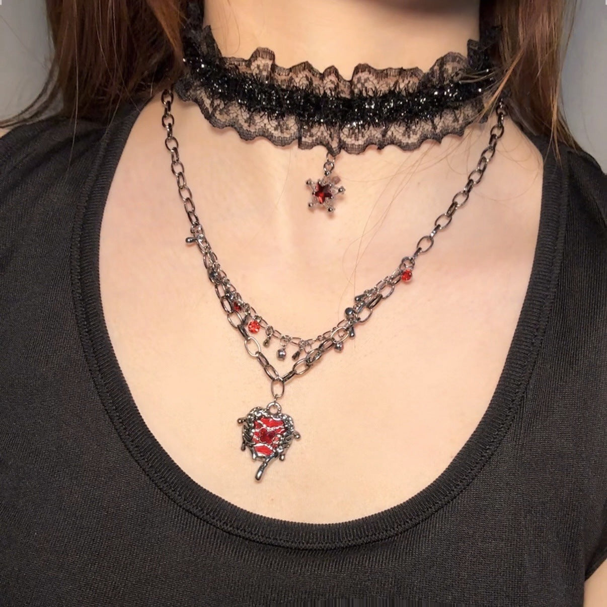 Wholesale Alloy Gothic Choker Necklace with Lace Heart Pendant,  Y2K Style Jewelry Accessory for Women