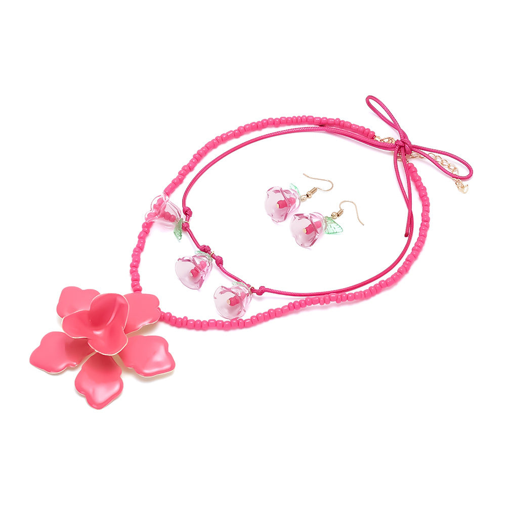 Wholesale Handmade Beaded Three-Dimensional Oil-Dropping Flower Pendant Clavicle Chain  Necklace