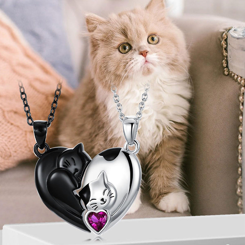 Wholesale Couple Splicing Love Black and White Cute Cat Necklace