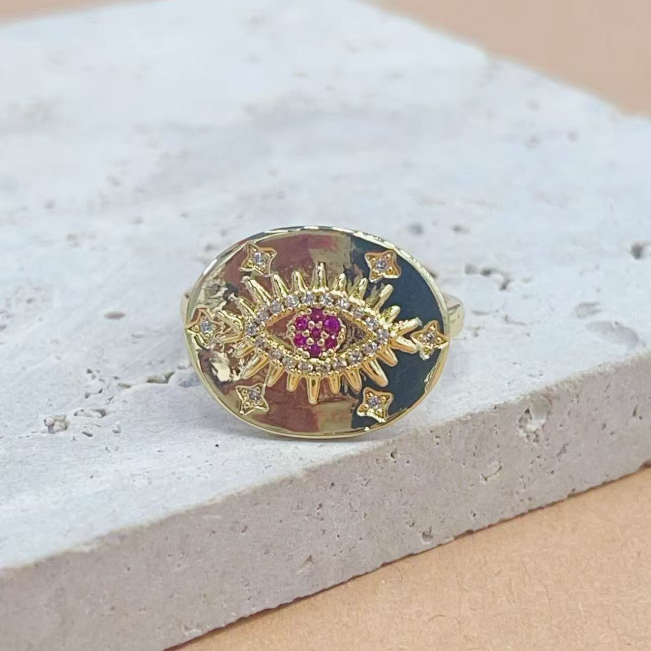 Wholesale Retro Enamel Eye Ring Sunburst Design Adjustable Gold Plated Tri-Color Fashion Accessory