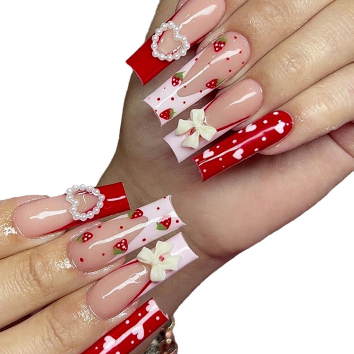 Wholesale 24 Pieces/box Love Bow Strawberry Press-on Nails Kits Nail Stickers ACC-NS-SanWei006
