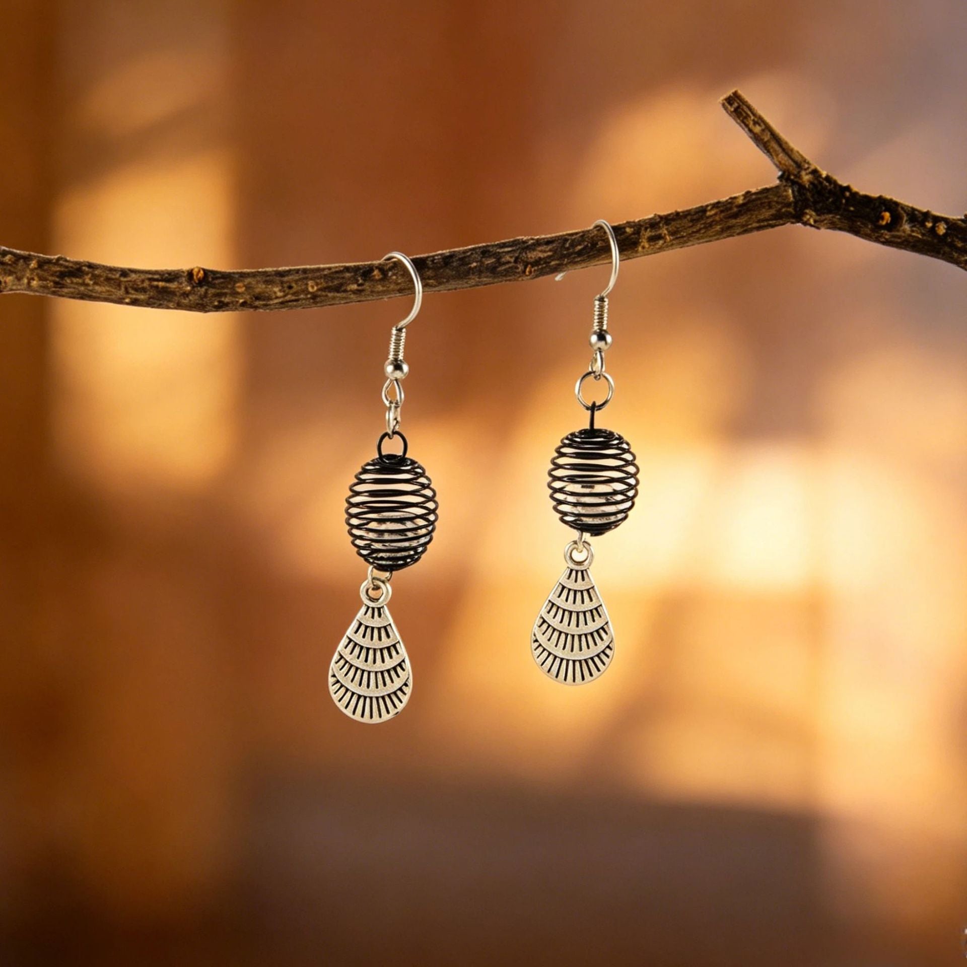 Wholesale Cross-Border European and American Retro Bohemian Black Coil Fan-Shaped Pendant Earrings with a Light Luxury and High-End Feel,  Featuring Embedded Diamond Ear Hooks