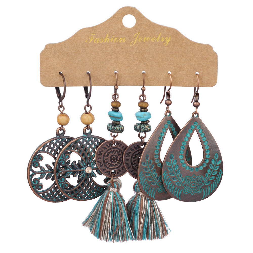 Wholesale Bohemian Style Turquoise Tassel Earrings Set 3 Pairs Fashion Jewelry Accessory