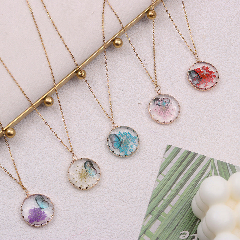 Wholesale Butterfly  Gold and Silver Dried Flower Glass Pendant Necklaces