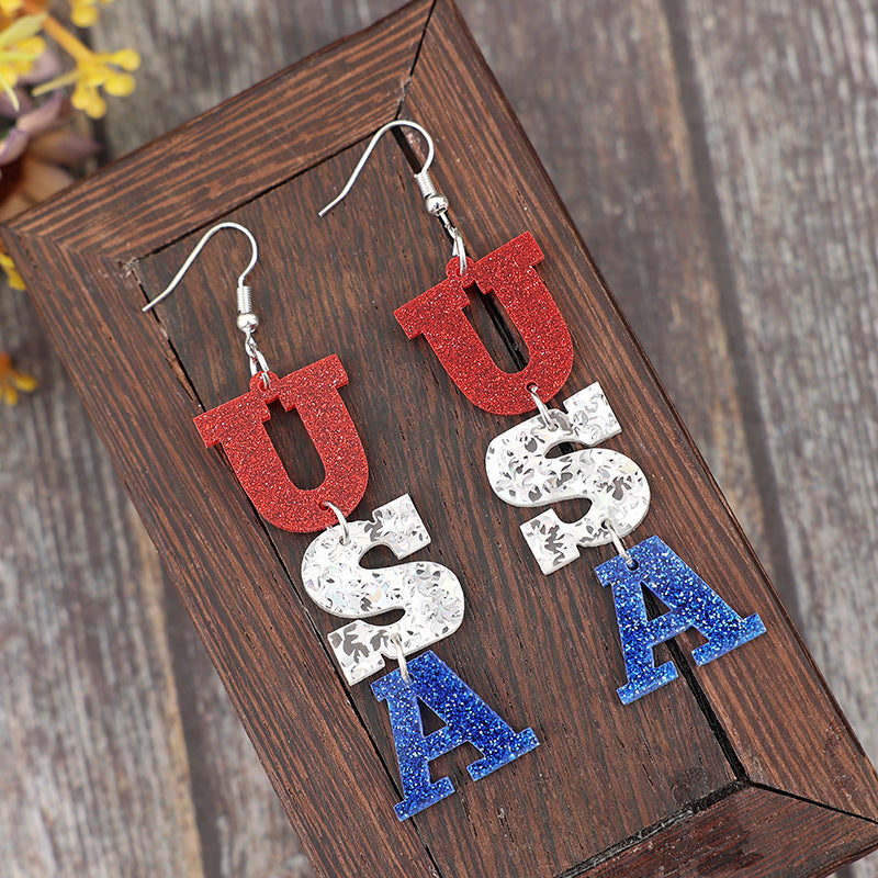 Wholesale  Independence Day Trendy Acrylic Usa Fine Glitter Letter Splicing Earrings