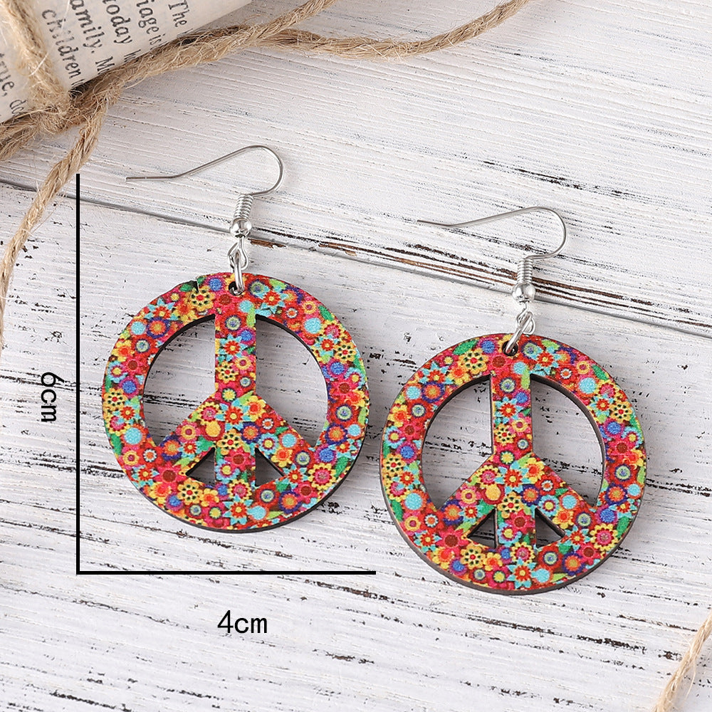 Wholesale Halloween Carnival Hippie suit Double-sided Wooden Pendant Peace Logo Necklace Earrings