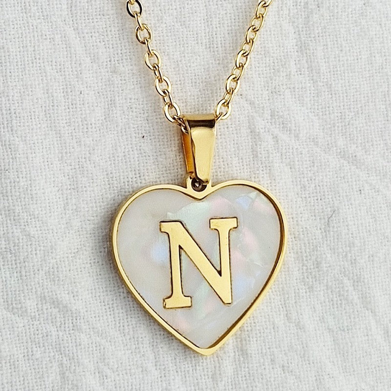 Wholesale 26 English Letters Heart Inlaid Shell Titanium Steel Necklace ACC-NE-DingChao002