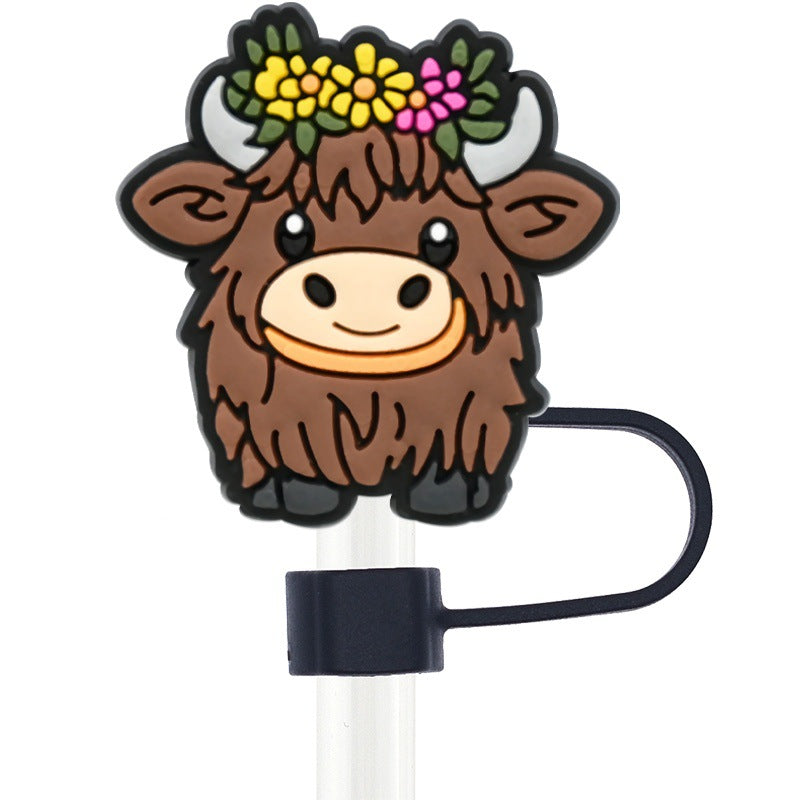 Wholesale Random 100pcs Cartoon Highland Cow  10mm PVC Soft Straw Tube Cap