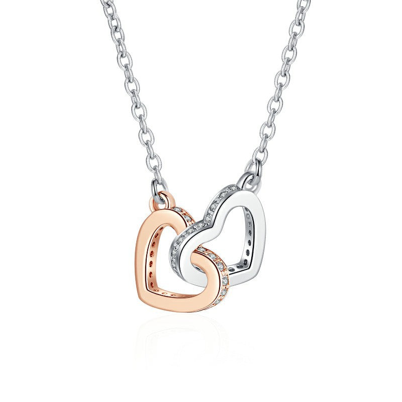 Wholesale S925 Silver Heart to Heart Double Ring Silver Necklace