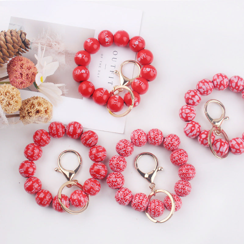 Wholesale  Creative DIY Valentine's Day Wooden Beads Beaded Bracelet Keychain