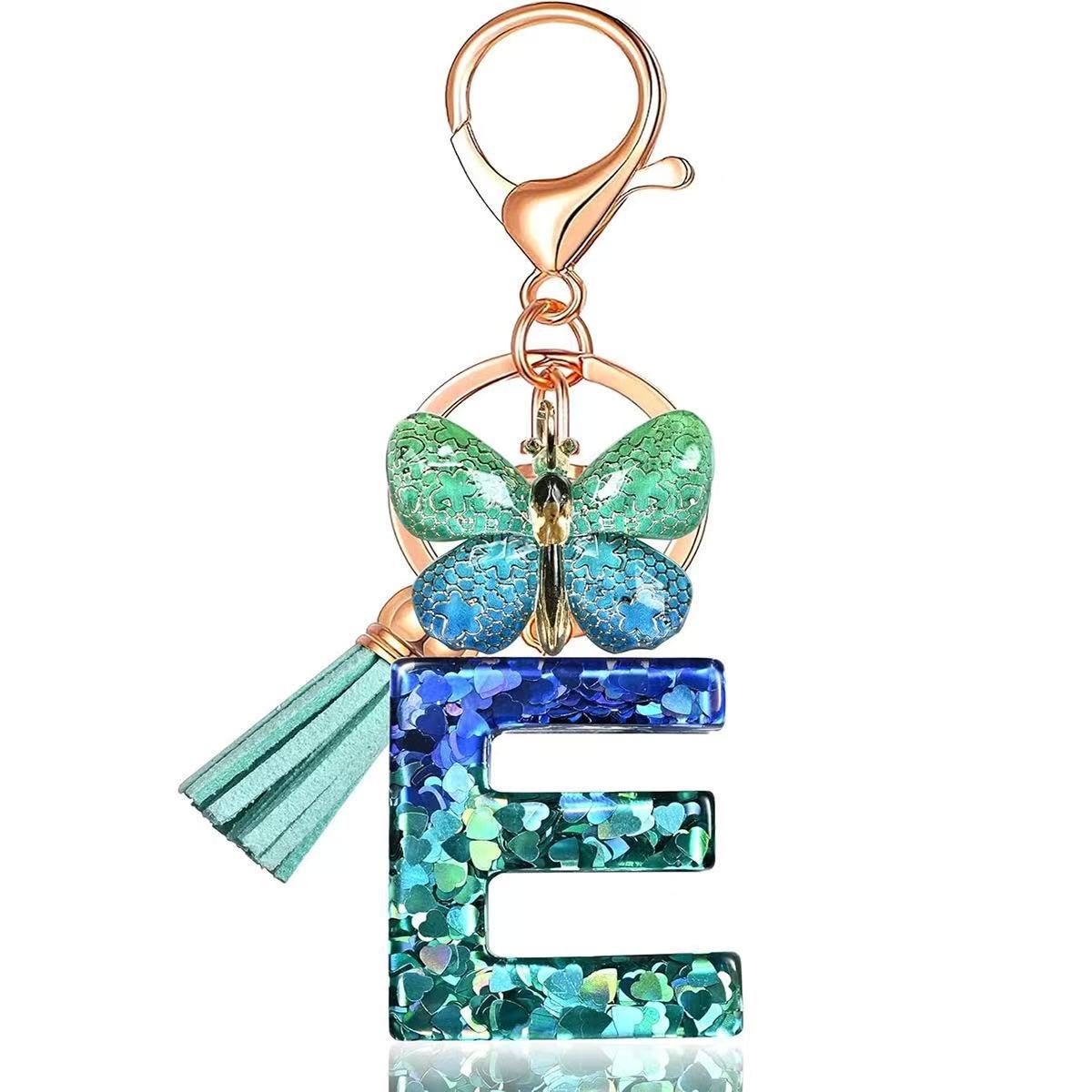 Wholesale Resin Alphabet Keychain With Butterfly Tassel Blue Gradient Vacation Style Fashion Accessory For Bags And Keys
