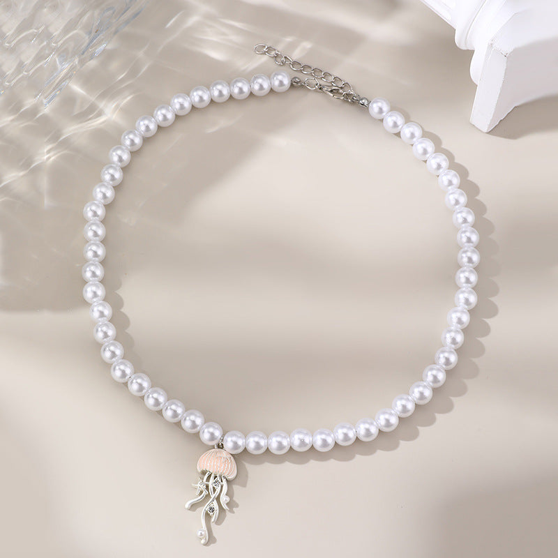 Wholesale pearl necklace metal jellyfish pink cute ocean wind  jewelry