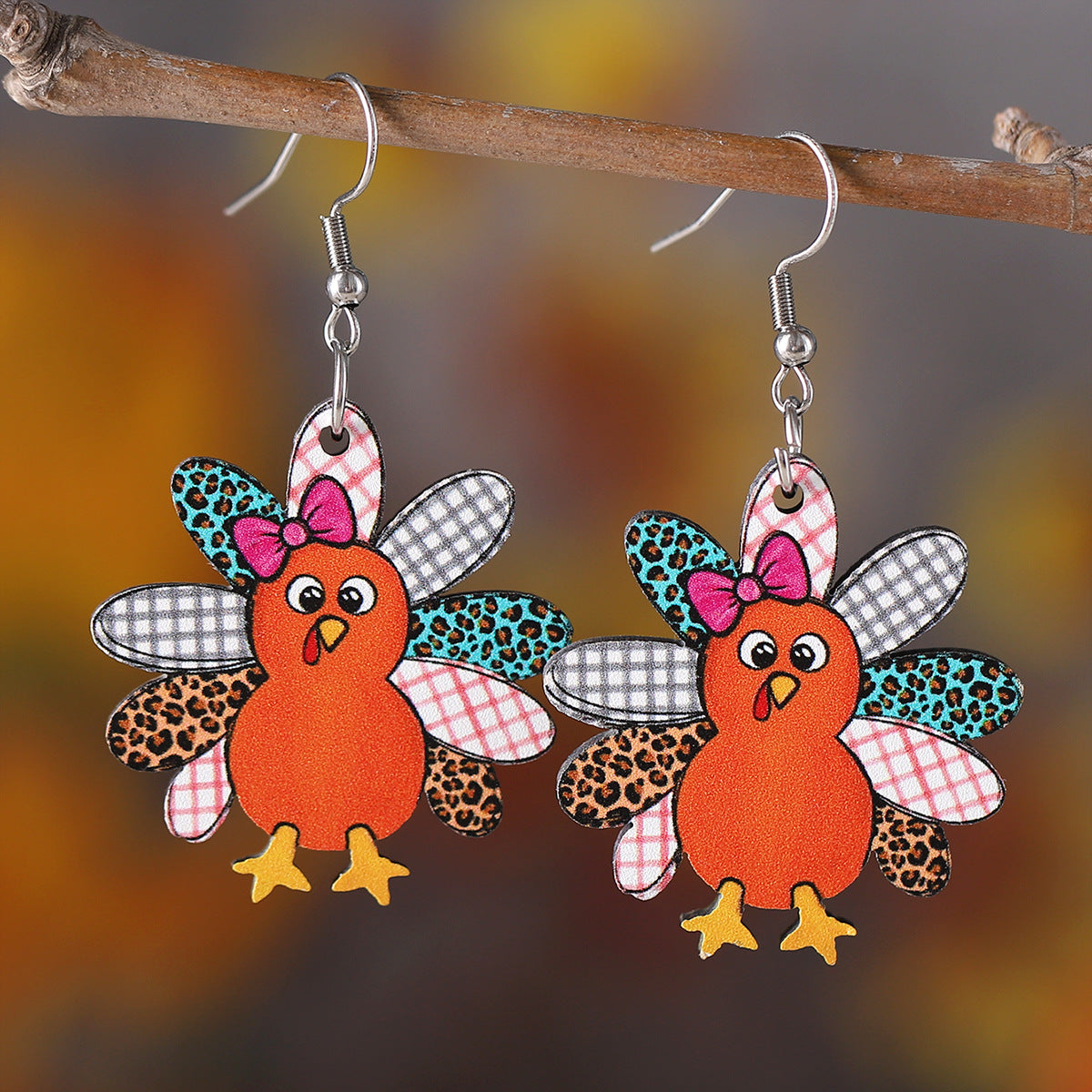 Wholesale Autumn Harvest Thanksgiving Cute Turkey Water Drop Hollow Pendant Earrings
