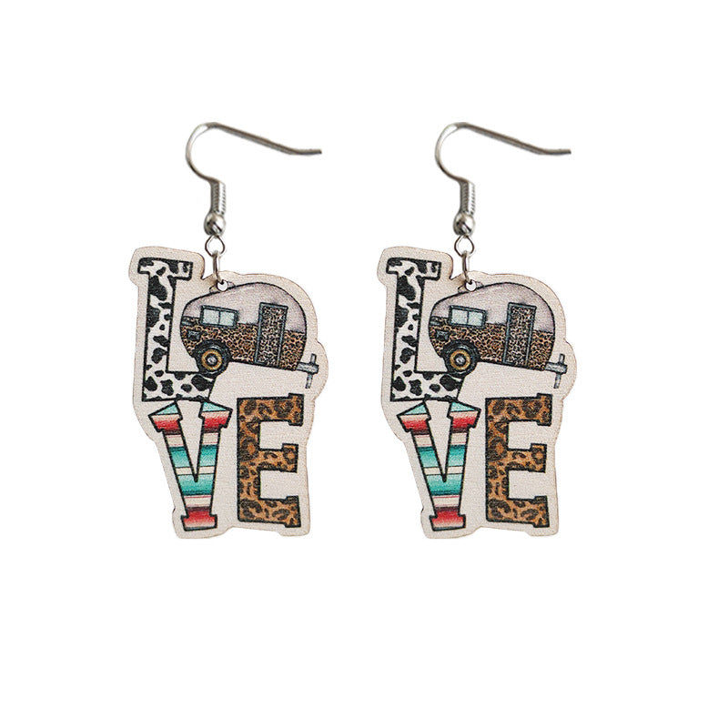 Wholesale 2 pairs/pack Western Style Camping Cow Print Leopard Print Aztec Wooden Earrings ACC-ES-HY001