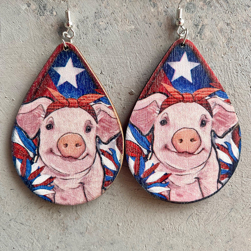 Wholesale 2 Pairs/pack American Independence Day Texas West Farm Cow Puppy Piggy Wooden Earrings Western style ACC-ES-HY048