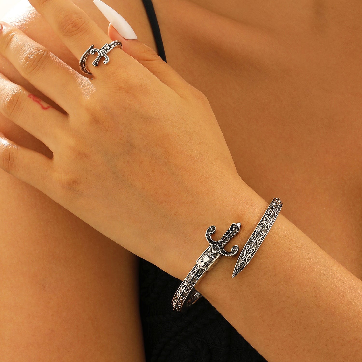 Wholesale Gothic Punk Men S Snake Sword Engraved Cuff Bracelet Ancient Gold Zinc Alloy Jewelry Gift