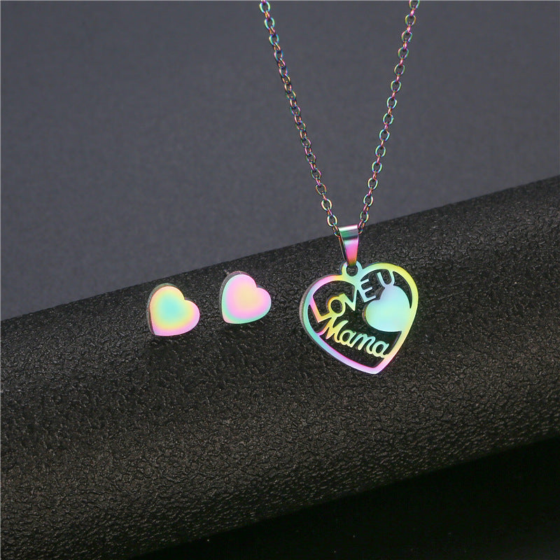 Wholesale Heart Shape MAMA Mother's Day Stainless Steel Earrings Necklace Set ACC-ES-MinM011