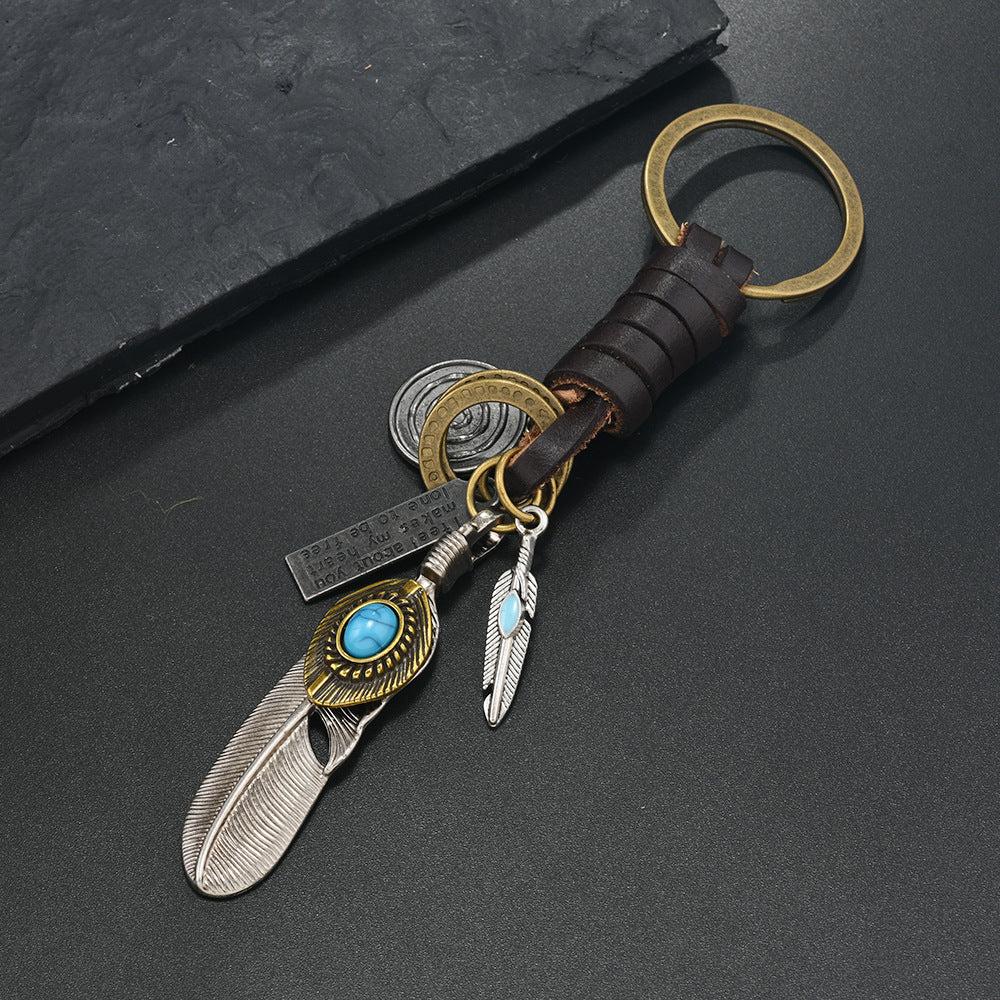 Wholesale  Alloy Bronze Turquoise Feather Retro Woven Cowhide Pendant Keychains