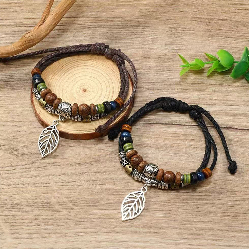 Wholesale Folk Style Woven Leather Bracelet with Beaded Charms,  Unisex Adjustable Jewelry Accessory