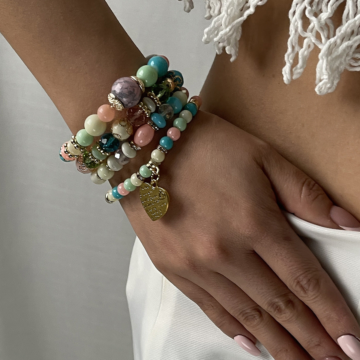 Wholesale Color Bohemian Ethnic Peach Heart Pendant Multi-layer Elastic Rice Beads Bracelet