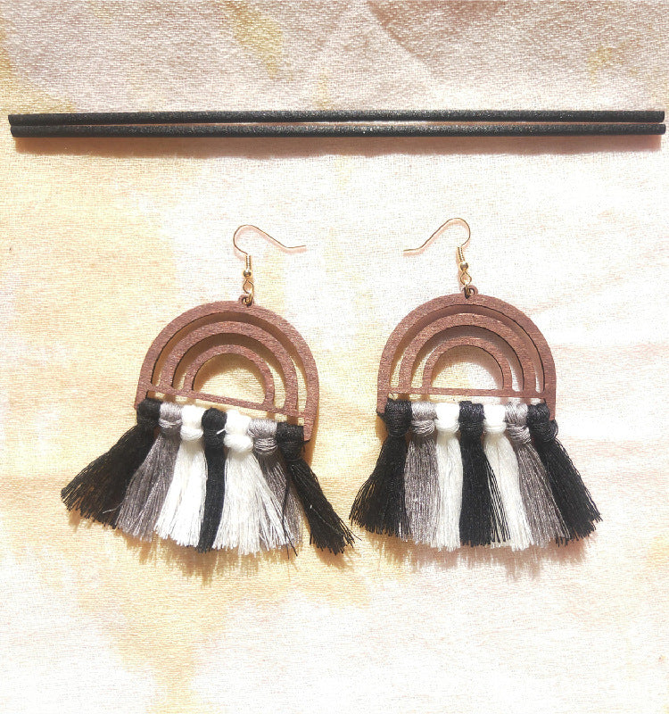 Wholesale Bohemian Handwoven Rainbow Wood Tassel Earrings ACC-ES-Jixuan004