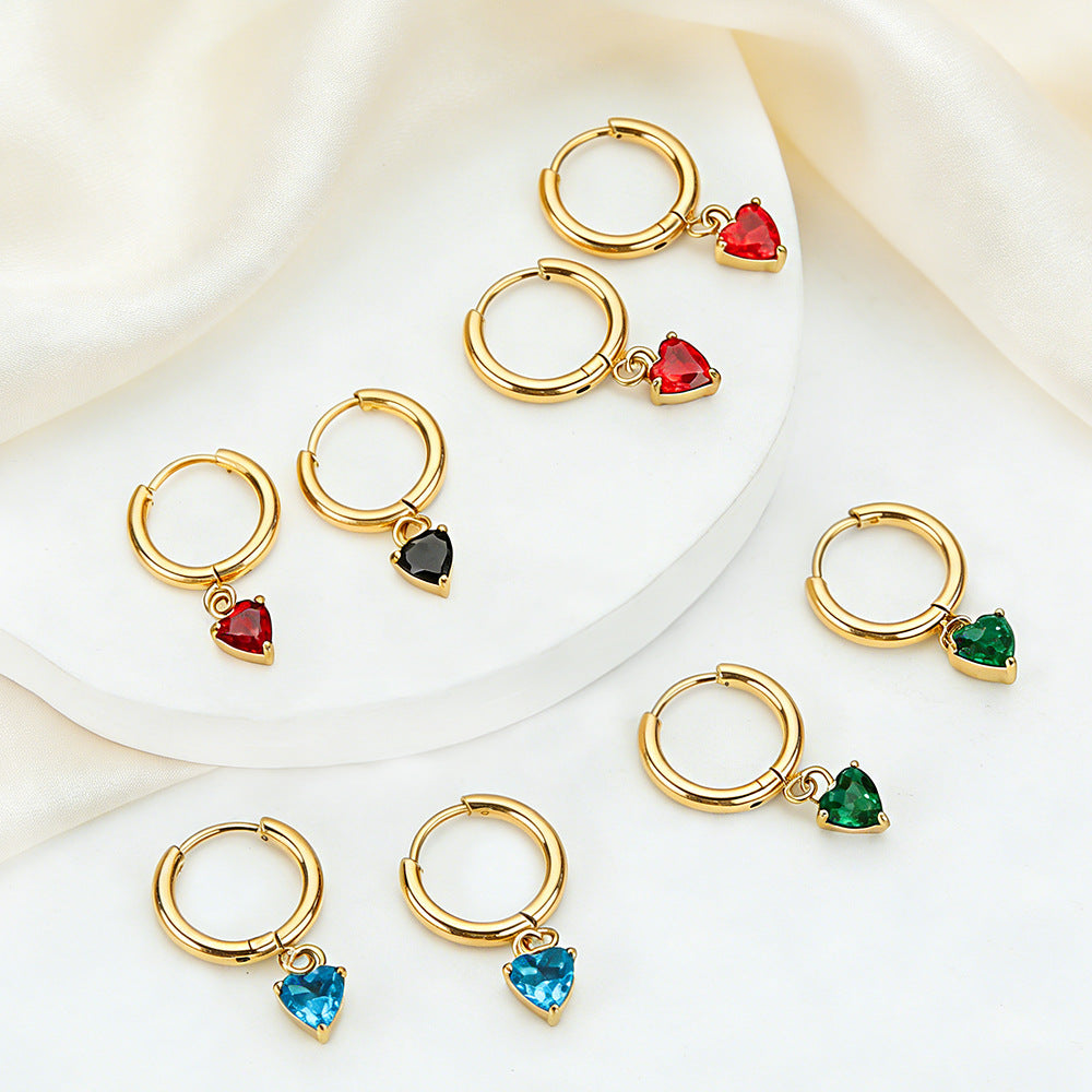 Wholesale 2PCS Titanium steel heart-shaped zircon pendant earrings